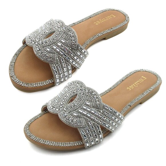 Lurnyet Women's Comfort Cushion Crystal Rhinestone Slide Flat Slip-On Sandals - Picture 2 of 6